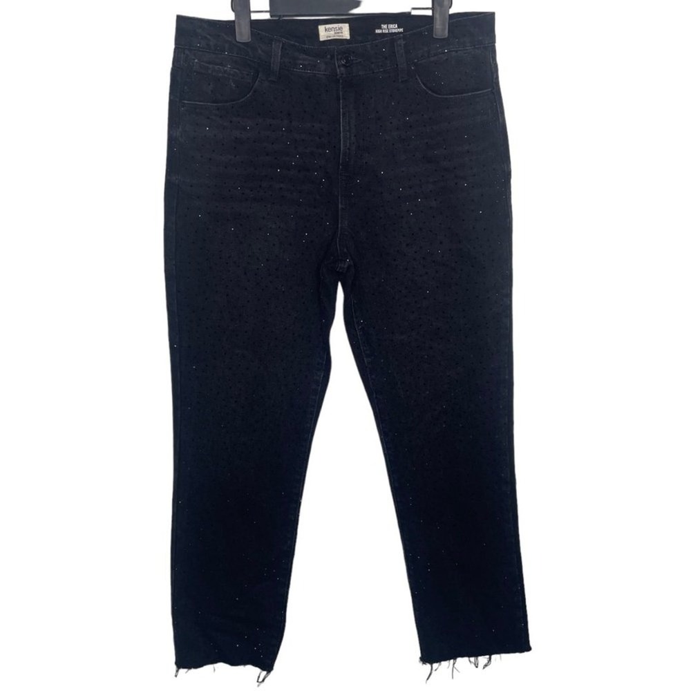 Kensie Jeans The Erica High Rise Stovepipe Black Rhinestone Raw Hem Jeans 10/30